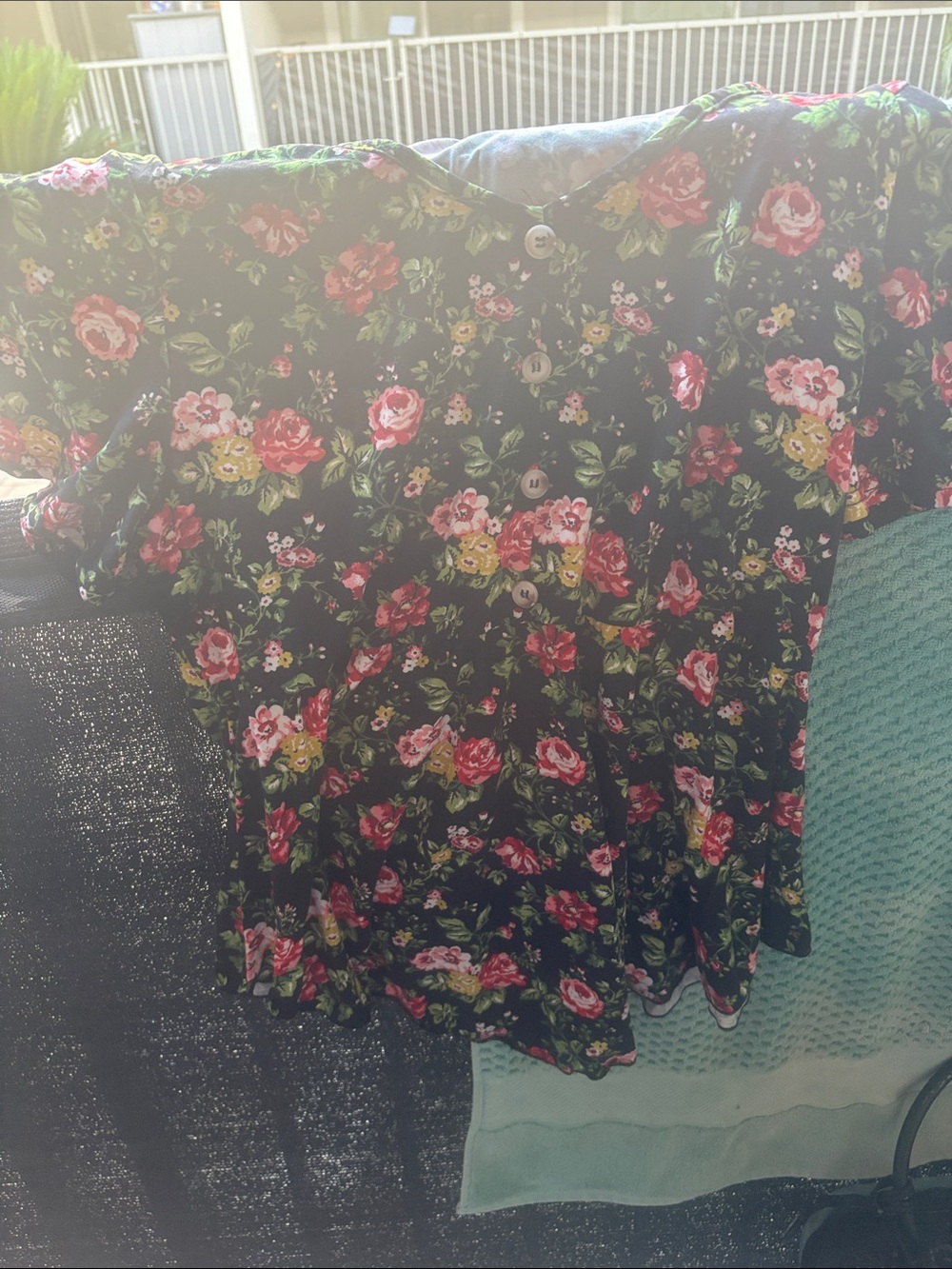 Black Floral Button-Front Blouse with Pink & Yellow Roses
